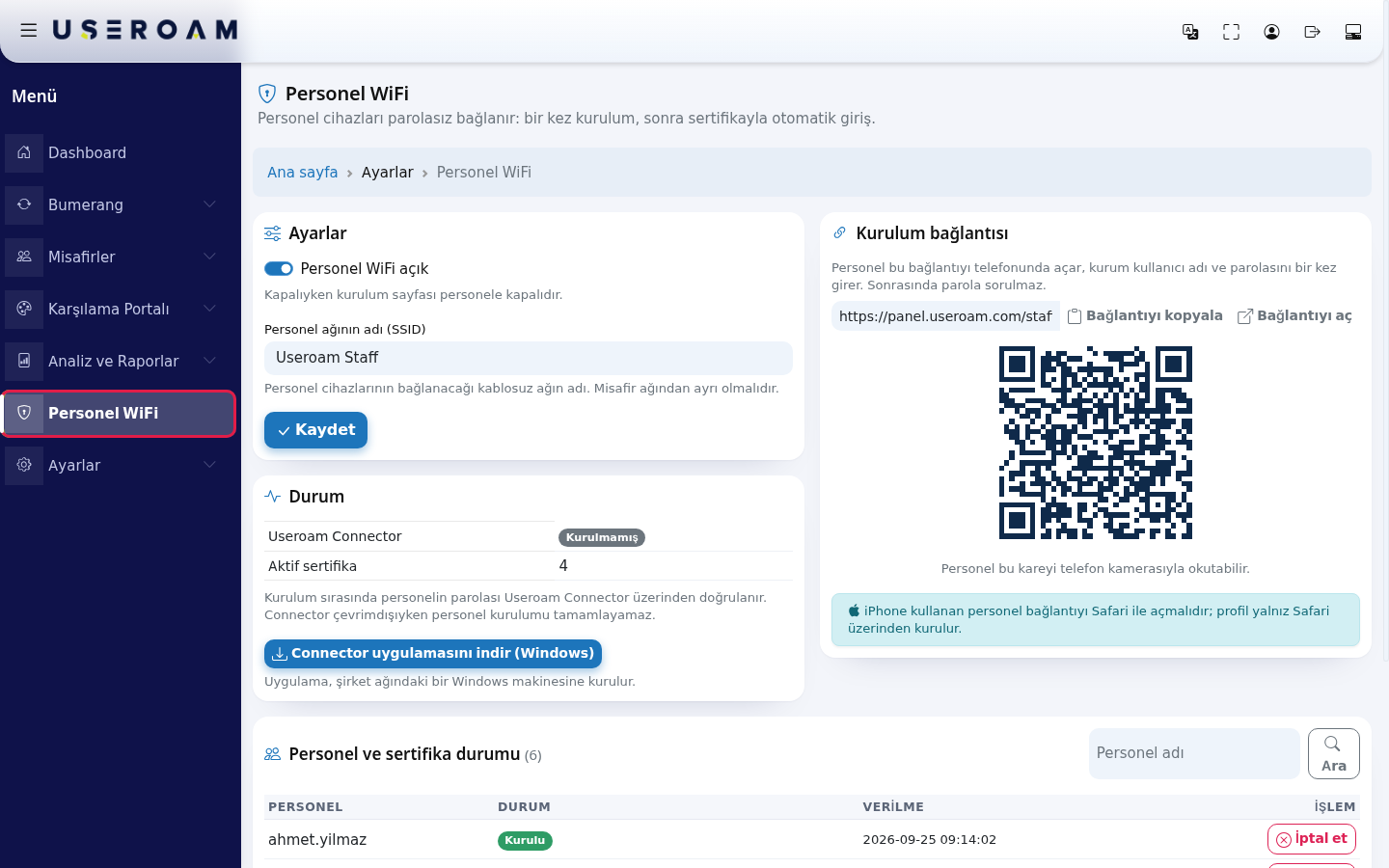 Sol menüde Personel WiFi