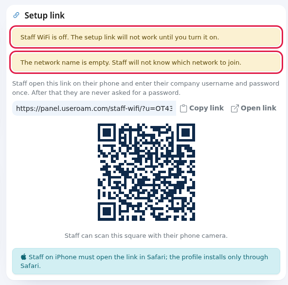 Two yellow warnings on the Setup link card