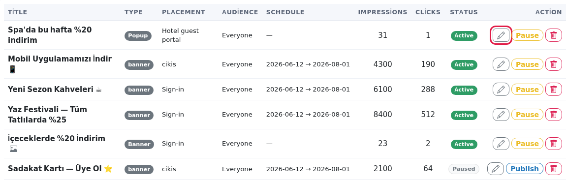 Edit, Pause and Delete buttons on a list row