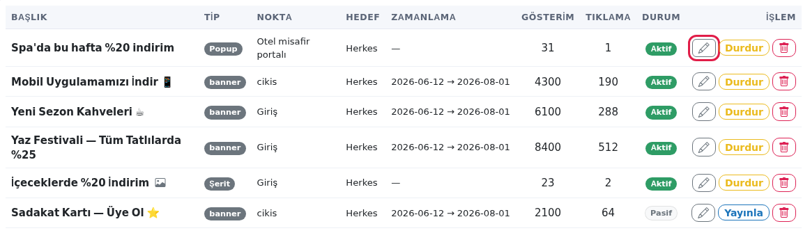 Liste satırındaki Düzenle, Durdur ve Sil düğmeleri