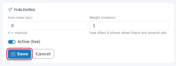 Publishing card and the Save button