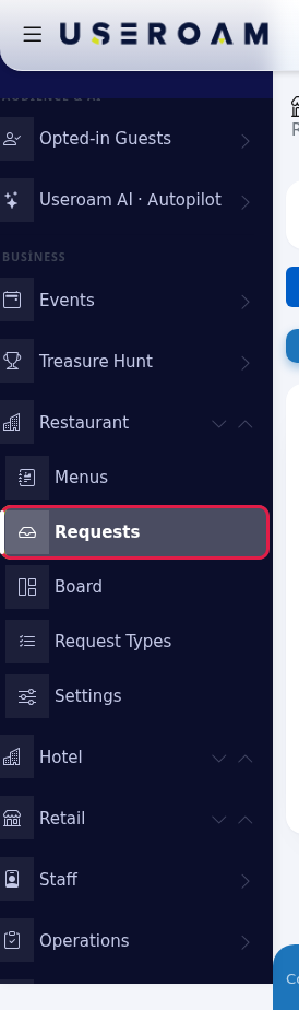 Restaurant, Requests in the left menu