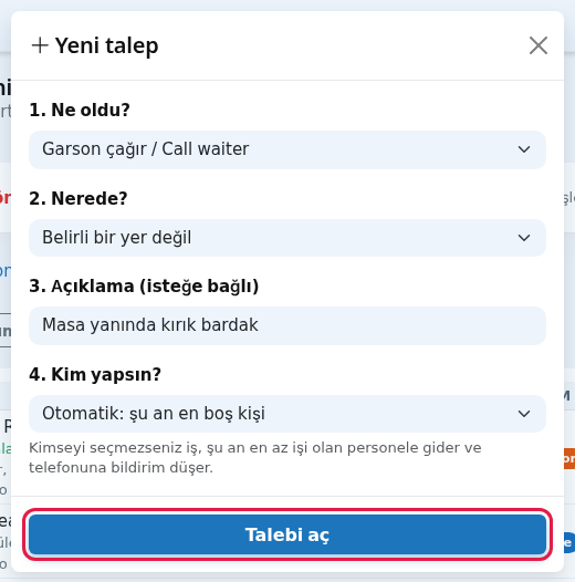Talebi aç düğmesi