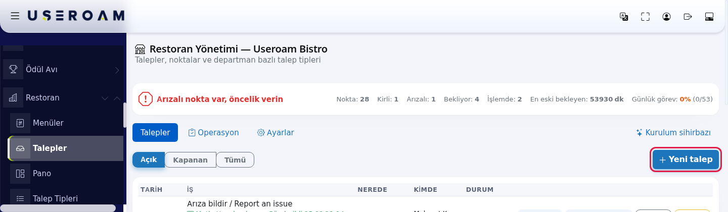 Yeni talep düğmesi