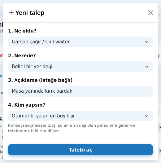 Yeni talep penceresi