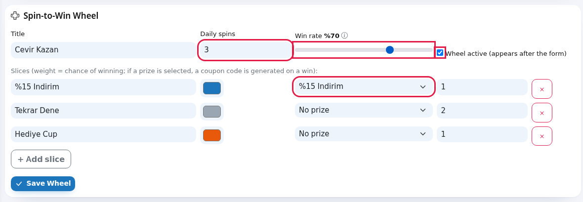 Wheel slices and prize coupon selection