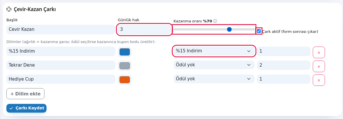 Çark dilimleri ve ödül kuponu seçimi