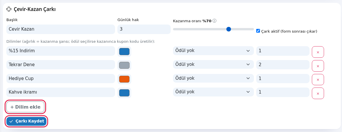 Dilim ekle ve Çarkı Kaydet