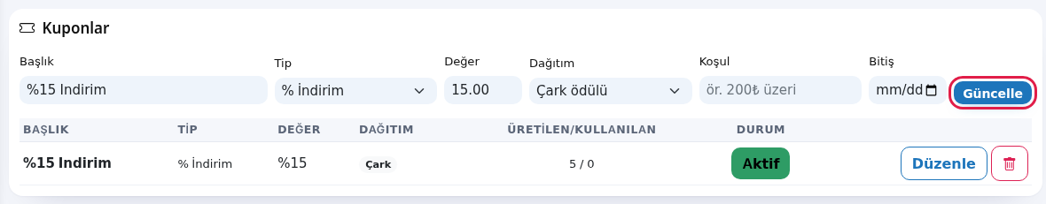 Düzenleme modunda Güncelle düğmesi