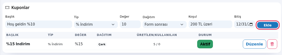 Kupon ekleme formu