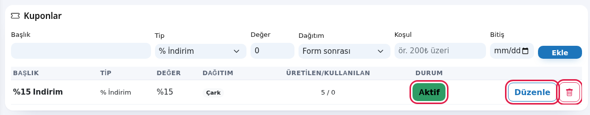 Kupon listesi, Aktif, Düzenle ve sil düğmeleri