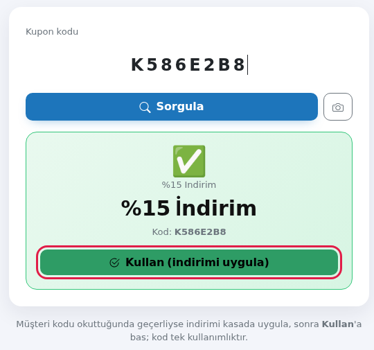 Kasada geçerli kupon sonucu