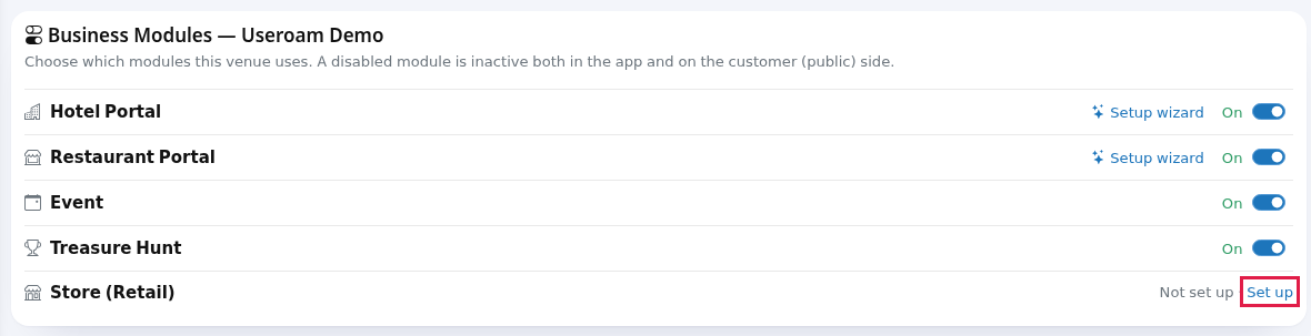 Store row and Set up link in the Business Modules card
