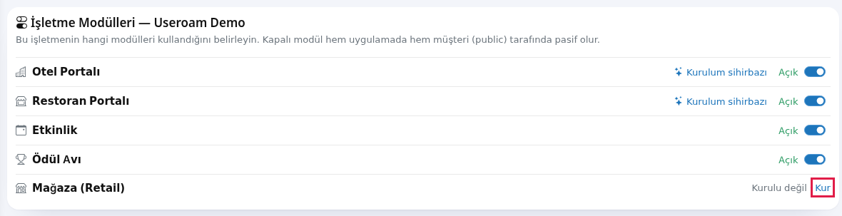 İşletme Modülleri kartında Mağaza satırı ve Kur bağlantısı