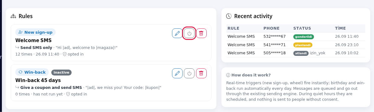 Rule list, on/off button and Recent activity