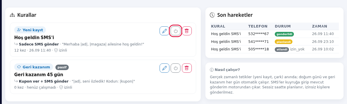 Kural listesi, aç/kapat düğmesi ve Son hareketler