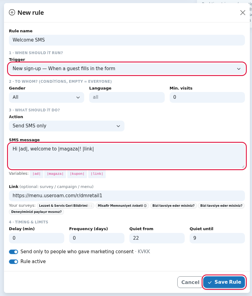 New rule window: New sign-up trigger and SMS message