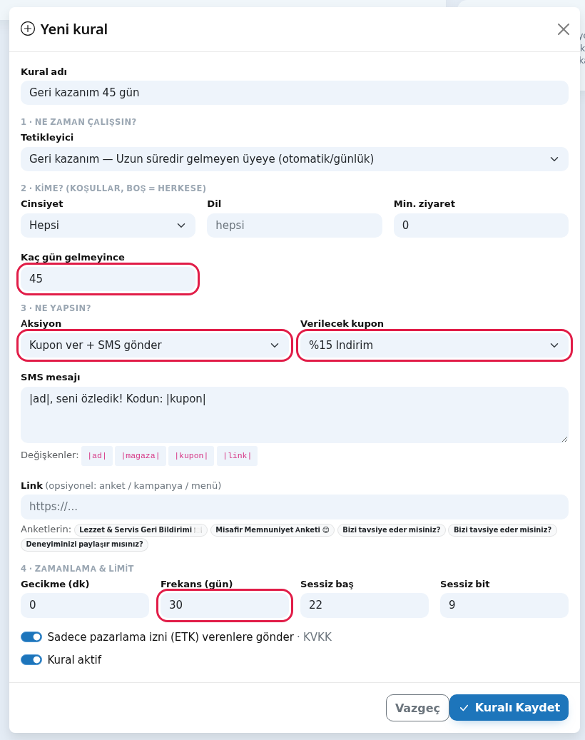 Geri kazanım kuralı, kupon ve frekans alanları