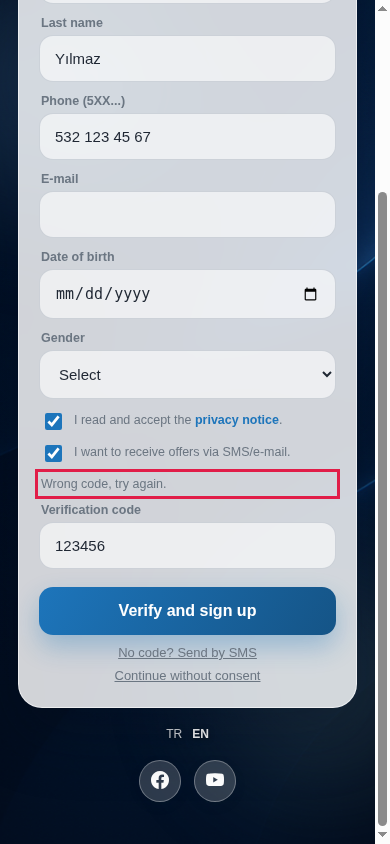Wrong code, try again warning