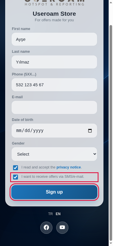 Form with the offers consent box ticked and the Sign up button