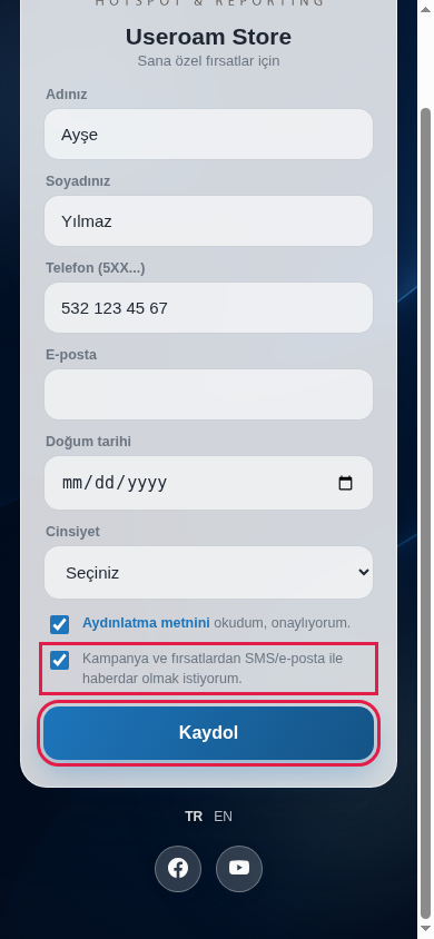 Kampanya izni kutusu işaretli form ve Kaydol düğmesi
