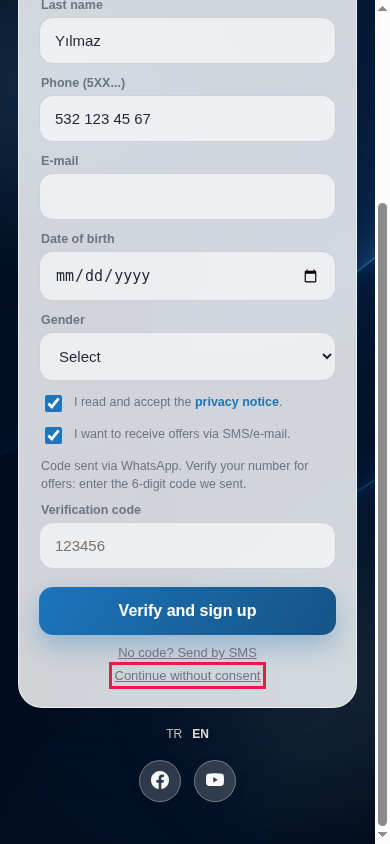 Continue without consent link