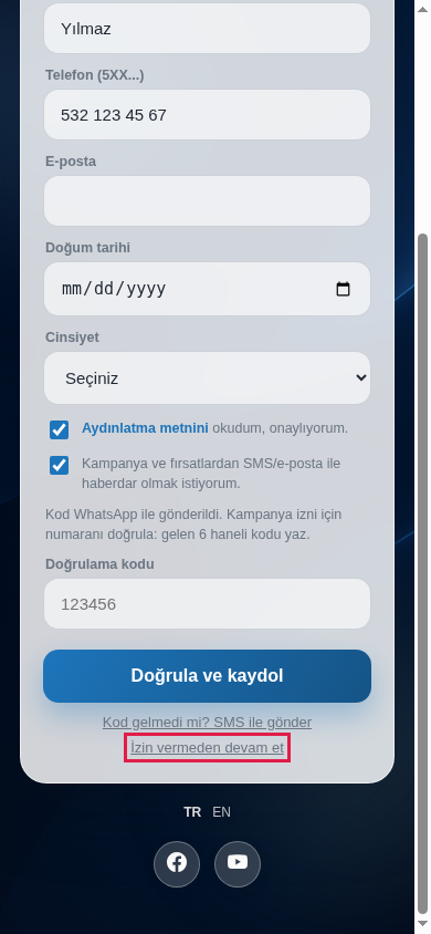 İzin vermeden devam et bağlantısı