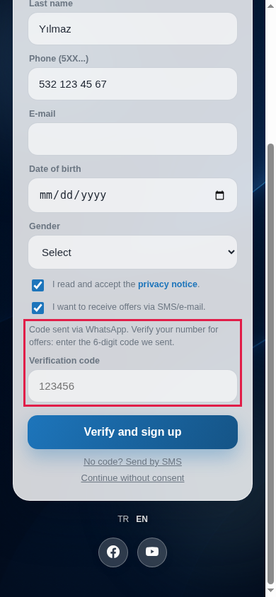 Verification code box and Verify and sign up button