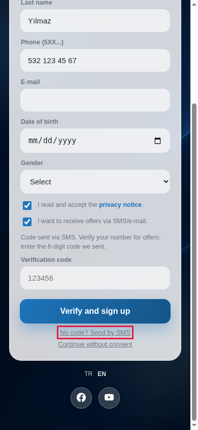 No code? Send by SMS link and Code sent via SMS message