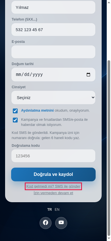 Kod gelmedi mi? SMS ile gönder bağlantısı ve Kod SMS ile gönderildi mesajı