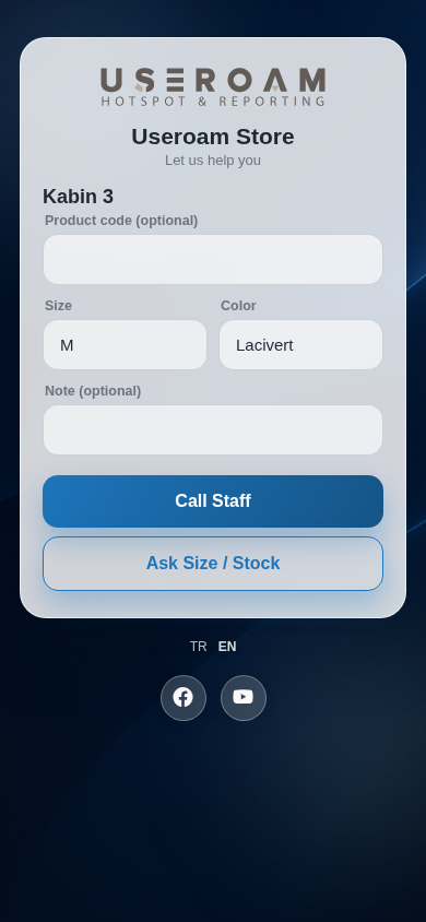 Fitting room screen, Call Staff and Ask Size / Stock