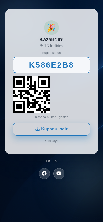 Kazandın ekranı, kupon kodu ve QR