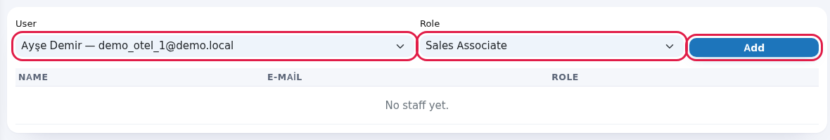 User and role selection, Add button