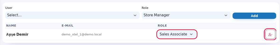 Staff list, role box and remove button