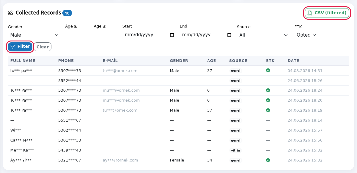 Collected Records filters, Filter and CSV (filtered)