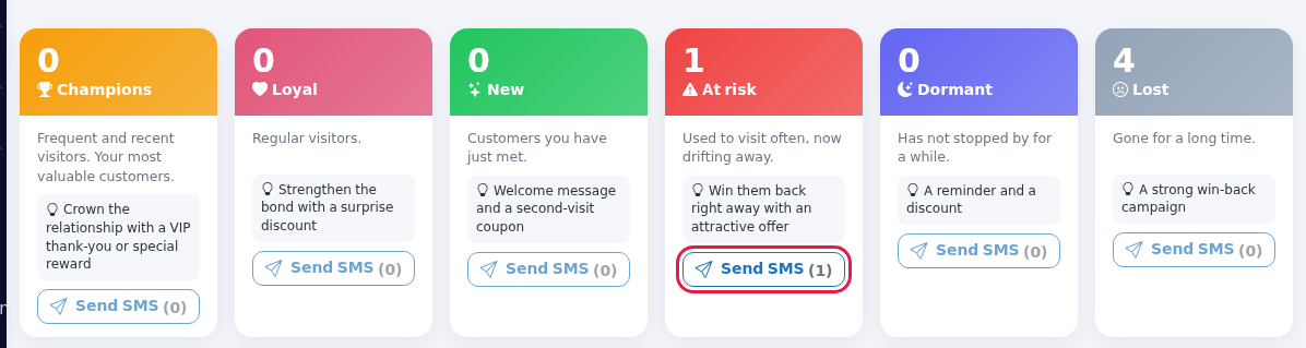 Segment cards and Send SMS button