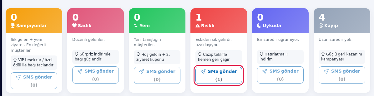 Segment kartları ve SMS gönder düğmesi