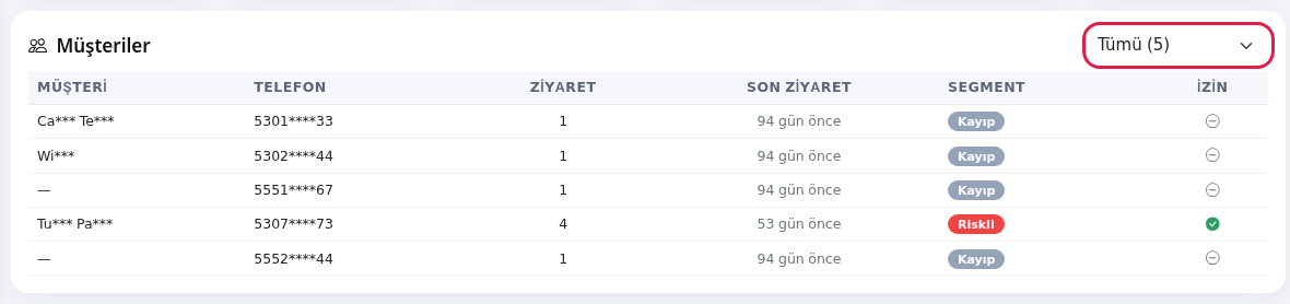 Müşteriler tablosu ve segment süzgeci