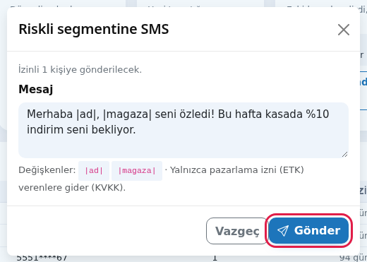 Segmente SMS penceresi ve Gönder