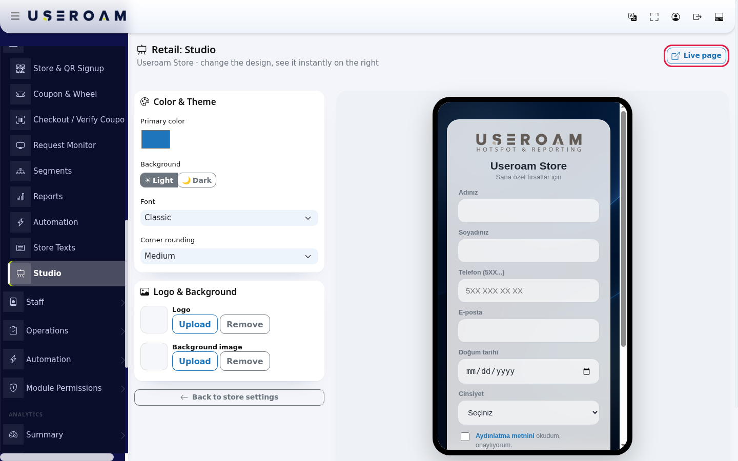 Retail Studio screen and Live page link