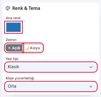 Stüdyo Renk ve Tema kartı