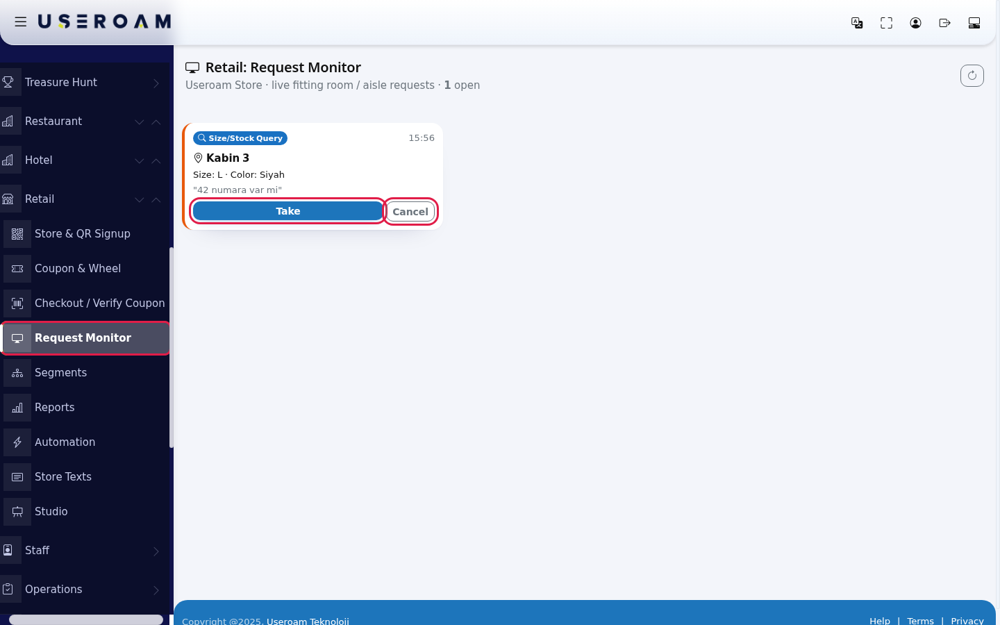 Open request card and Take button