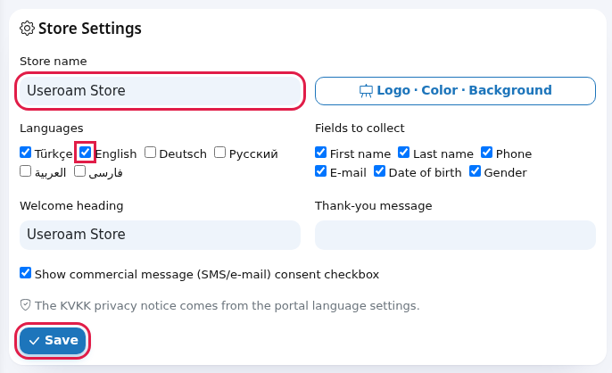 Store Settings card, languages and Save