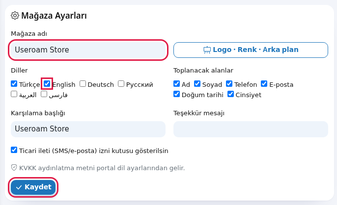 Mağaza Ayarları kartı, diller ve Kaydet