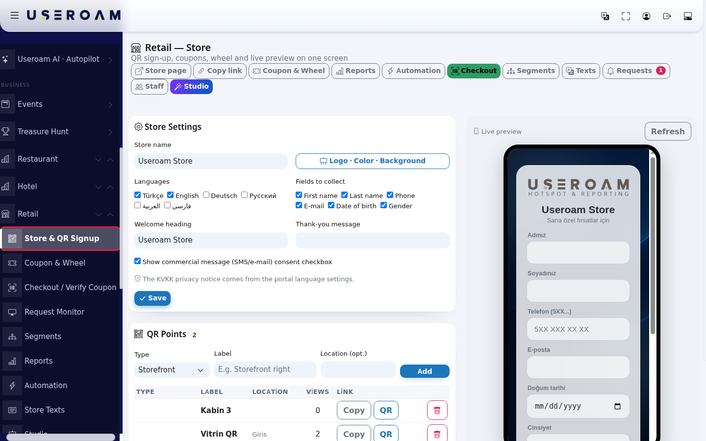 Retail and Store and QR Signup in the left menu