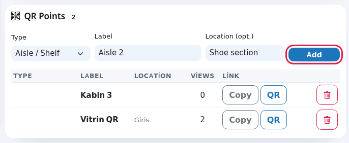 QR Points form and Add button