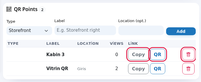 QR point list and buttons