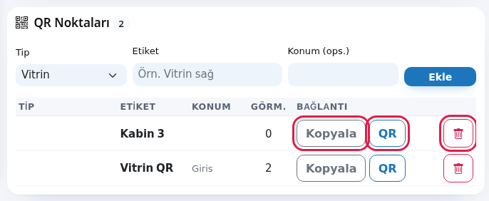 QR noktası listesi ve düğmeler