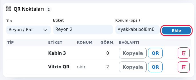 QR Noktaları formu ve Ekle düğmesi