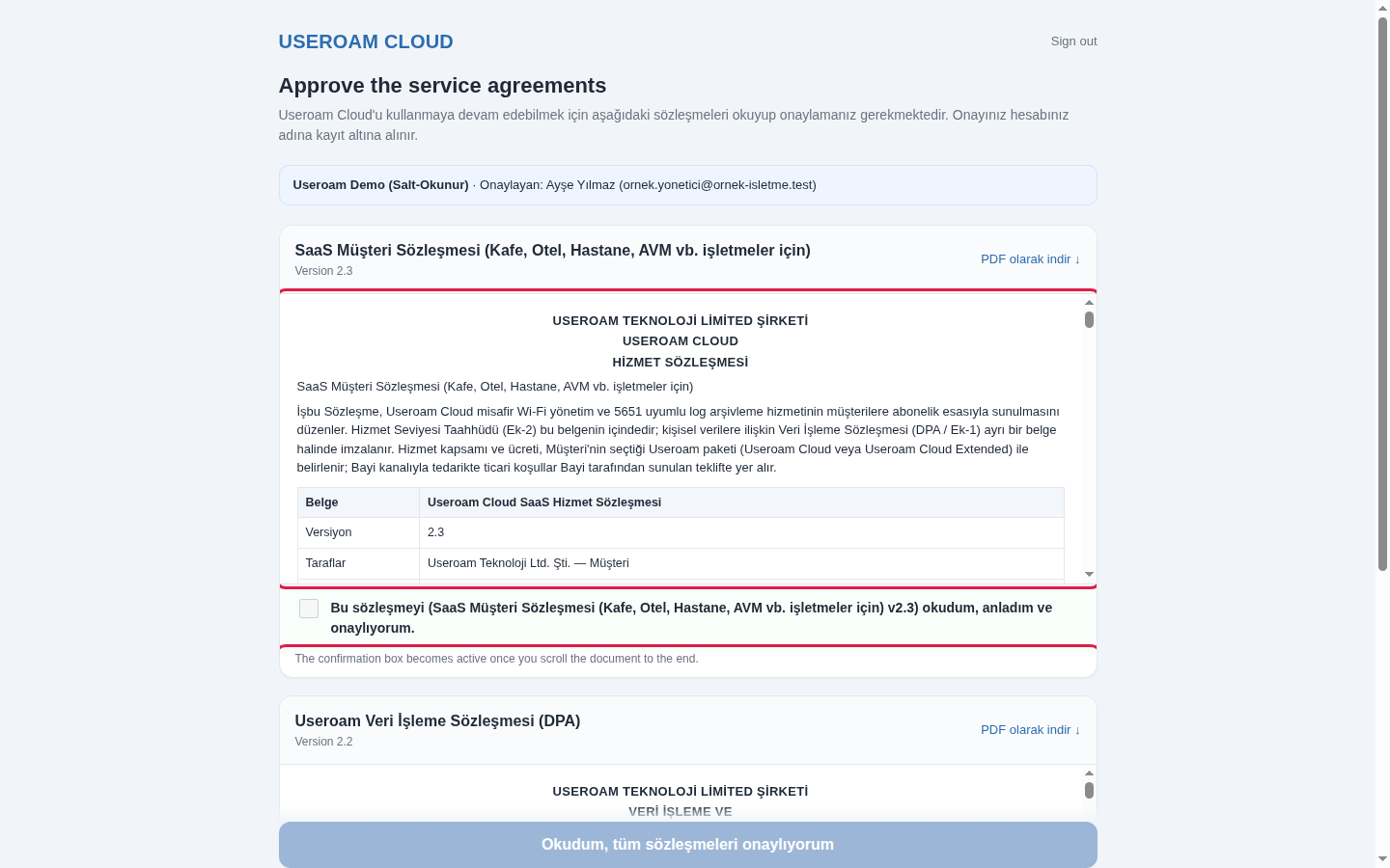 Agreement text box and scroll note highlighted